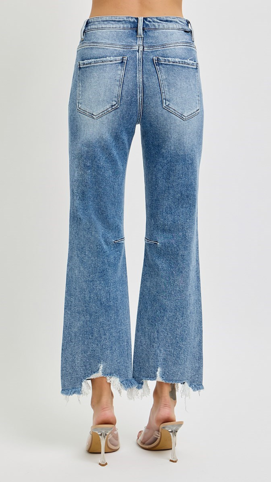 High Rise Medium Wash Straight Distressed Hem Jeans
