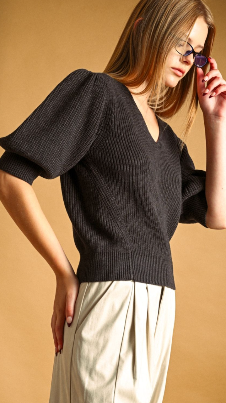 Charcoal Puff Sleeve Sweater Top
