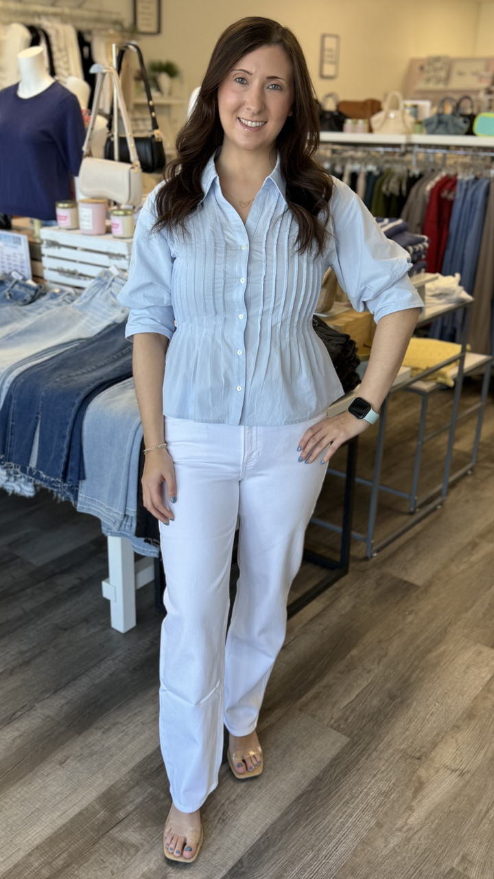 Sky Blue Short Sleeve Pintuck Top