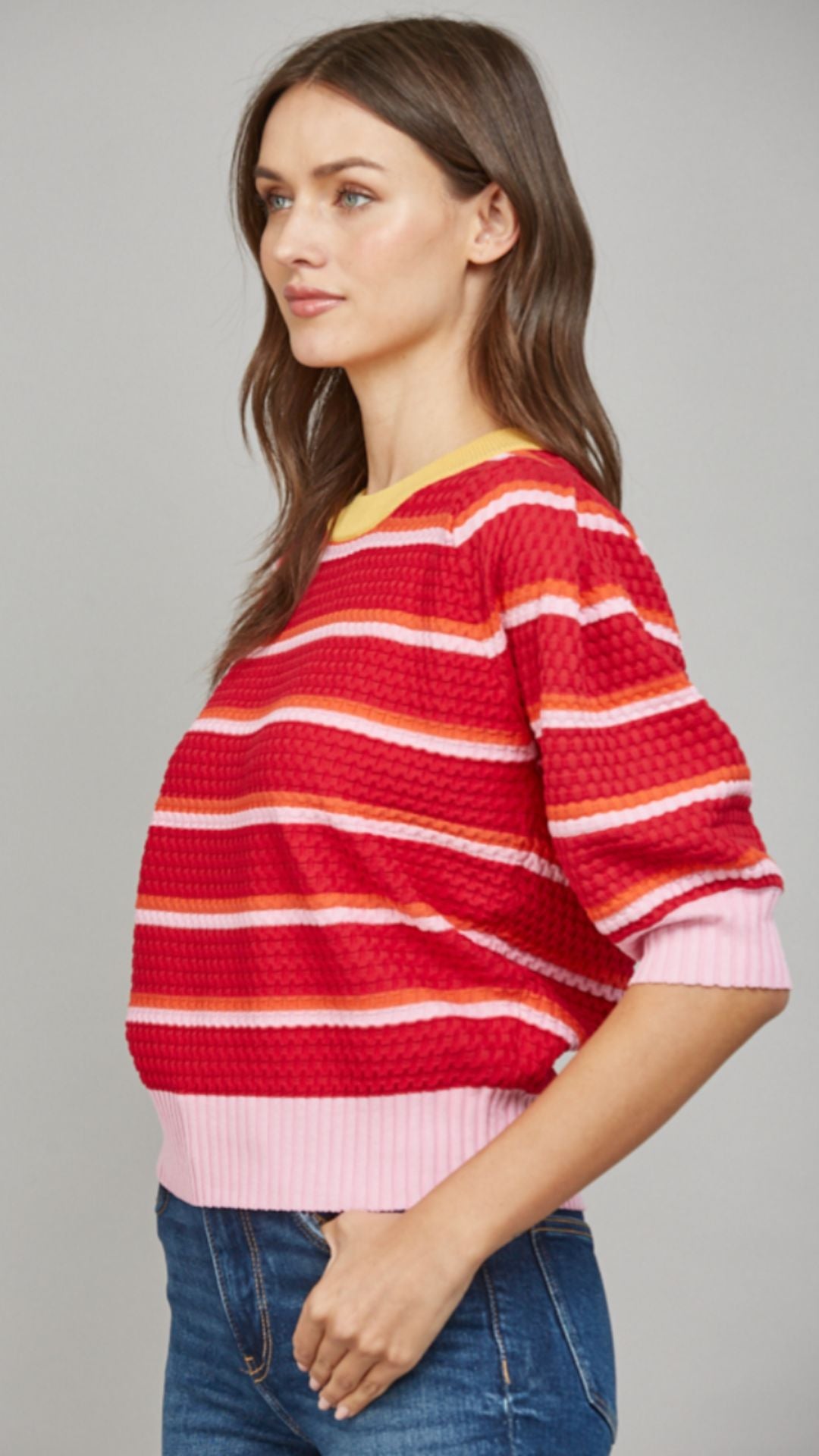 Textured Stripe Knit Crew Neck Short Sleeve Sweater