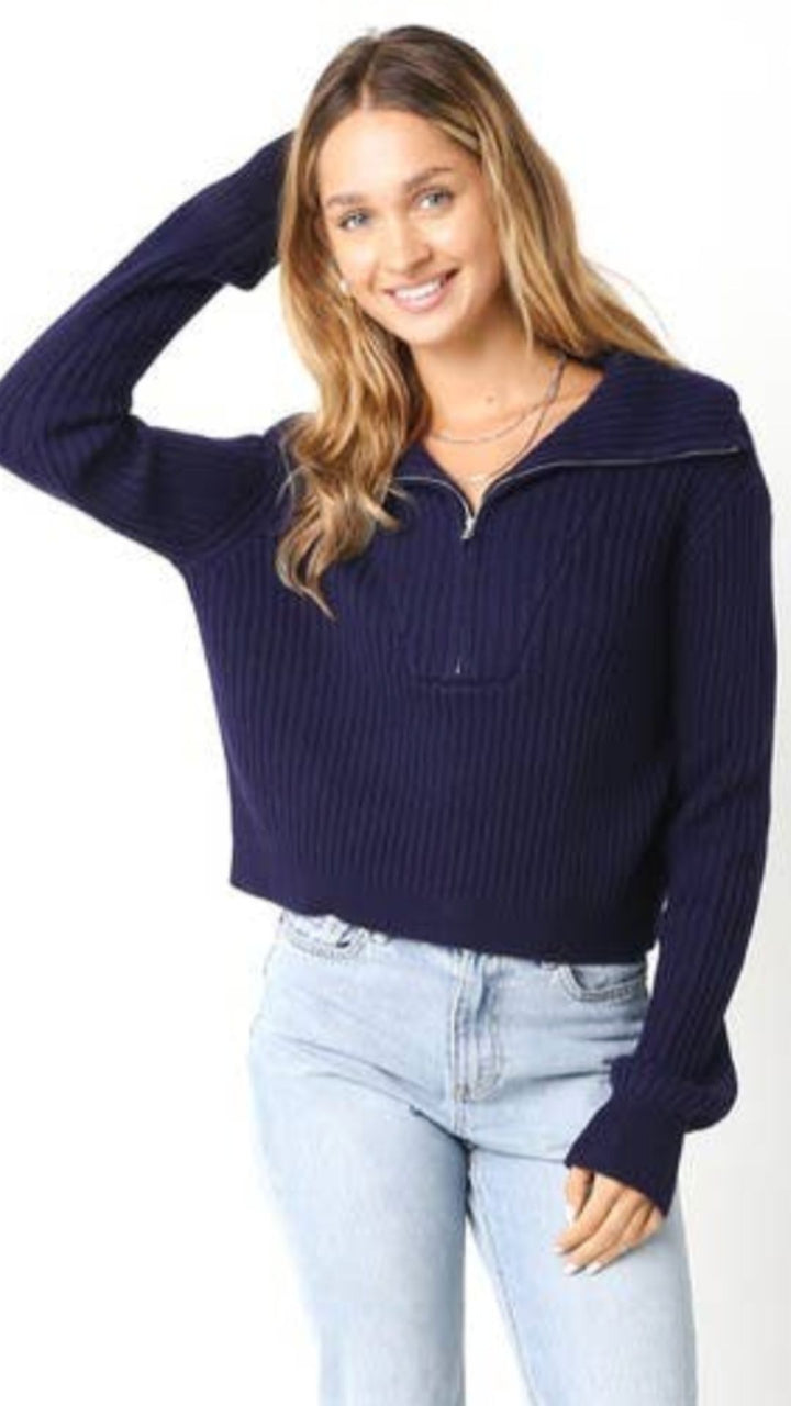 Navy Half Way Zipper Knit Sweater