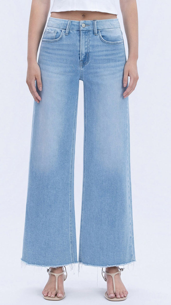 High Rise Light Wash Seamless Waistband Raw Hem Wide Leg Jeans