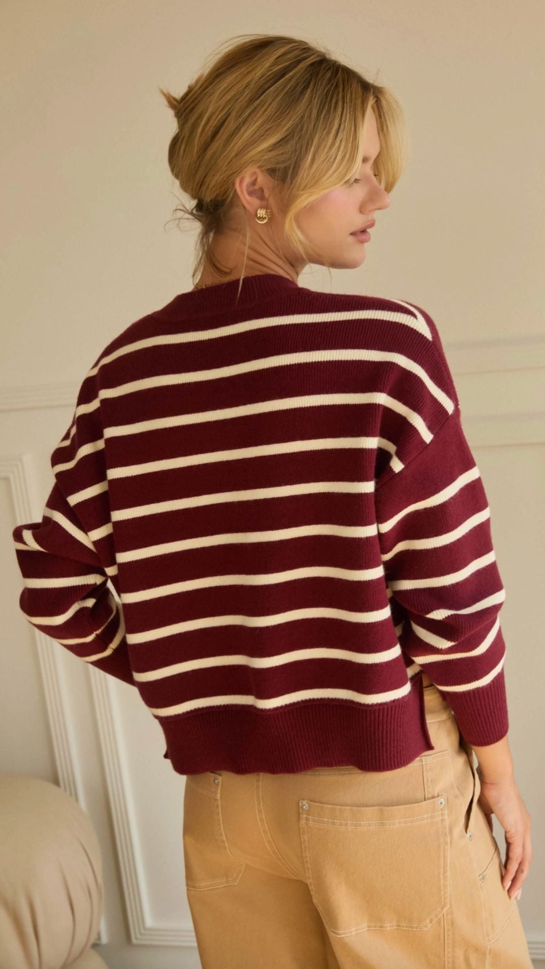 Burgundy And Ivory Stripe Sweater