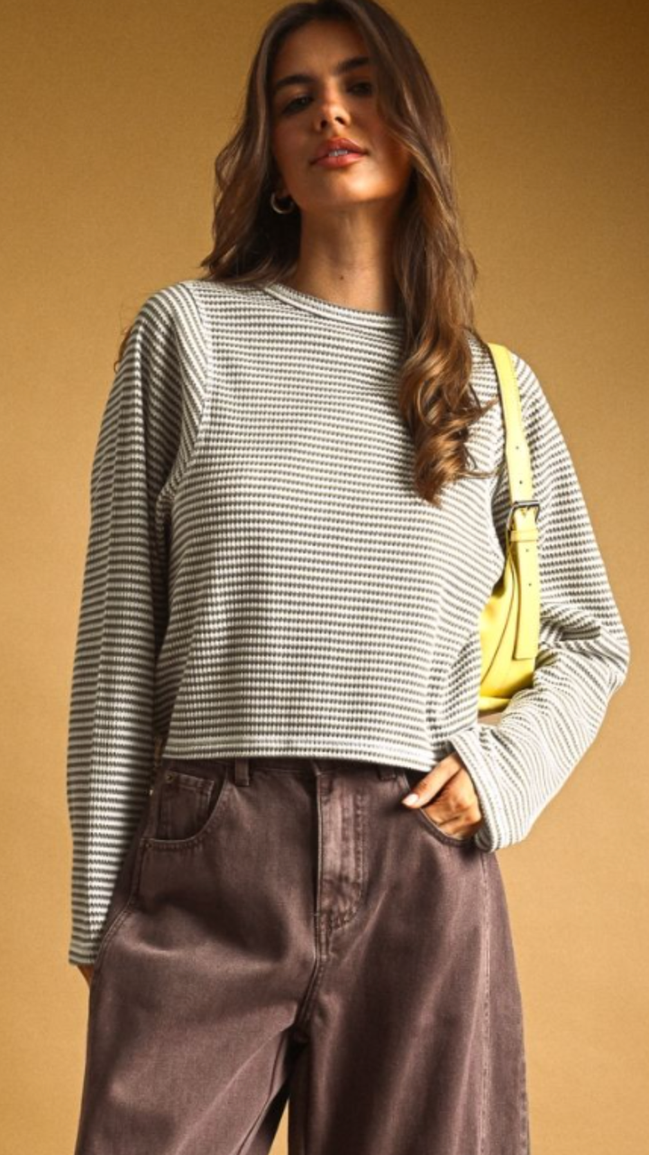 Grey Striped Waffle Long Sleeve Top