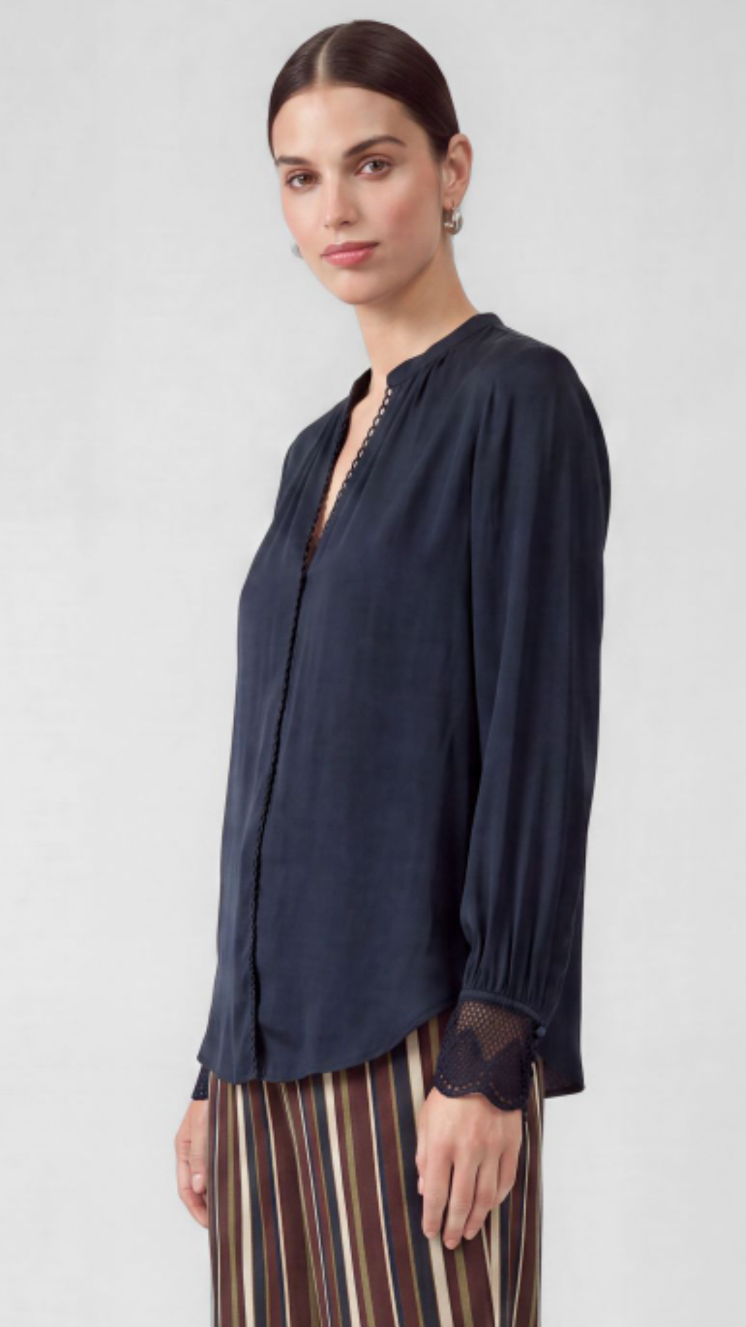 Navy Lace Trim Placket Detail Blouse