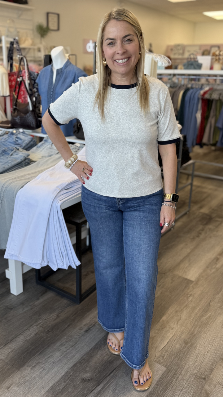 Heather Oat And Navy Trim Ringer Tee