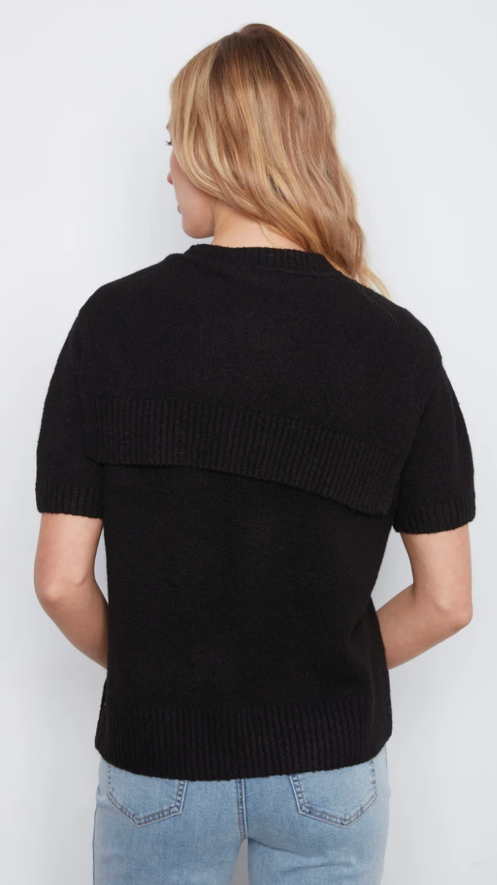 Black Short Sleeve Sweater With Faux Scarf Detail