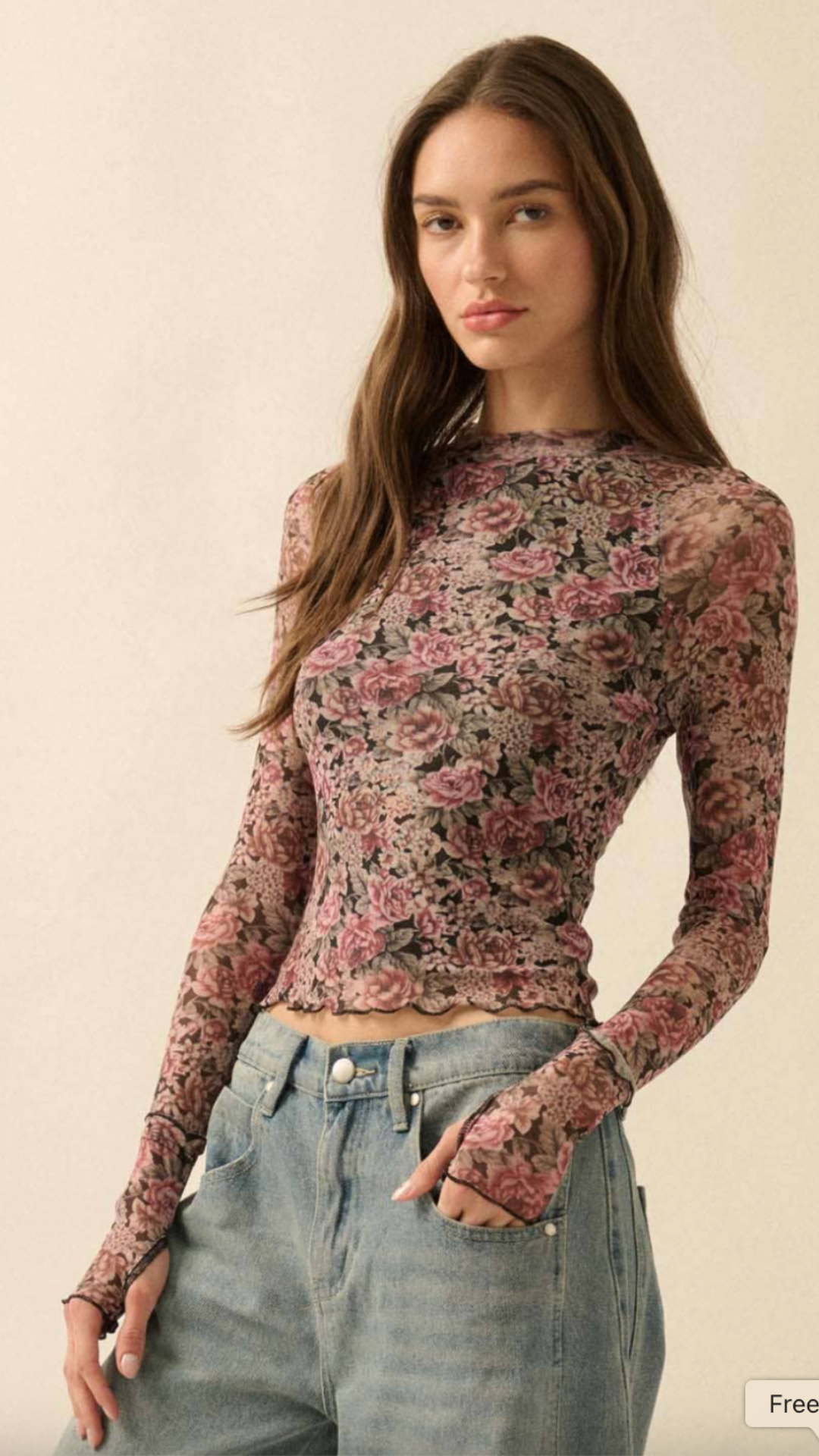 Black Floral Print Mesh Mock Neck Top