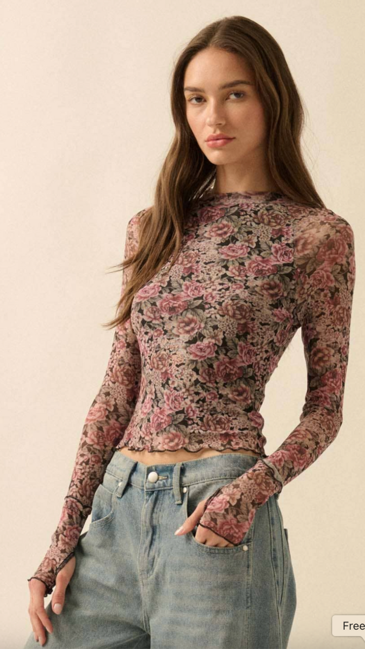 Black Floral Print Mesh Mock Neck Top