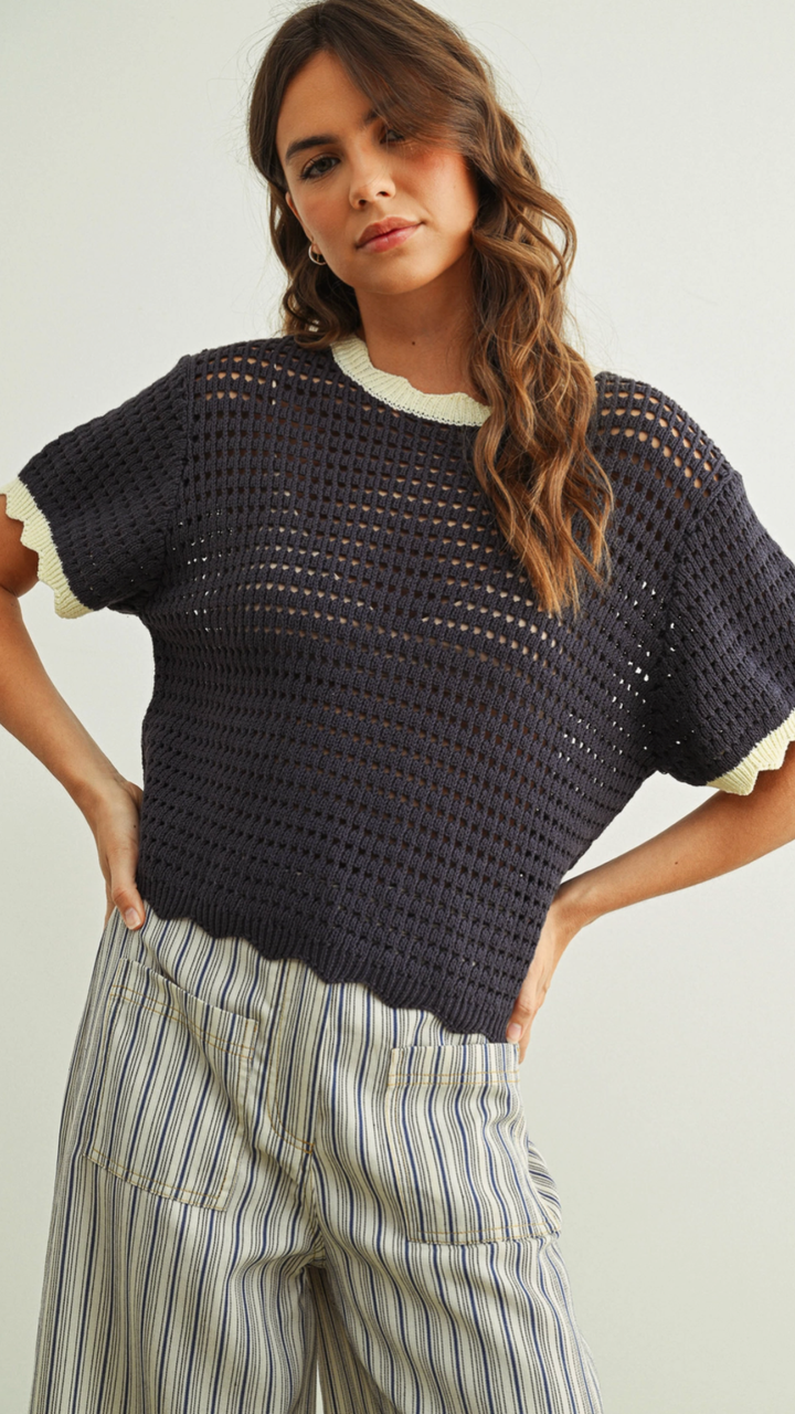 Navy And Cream Scalloped Detail Knitted Top