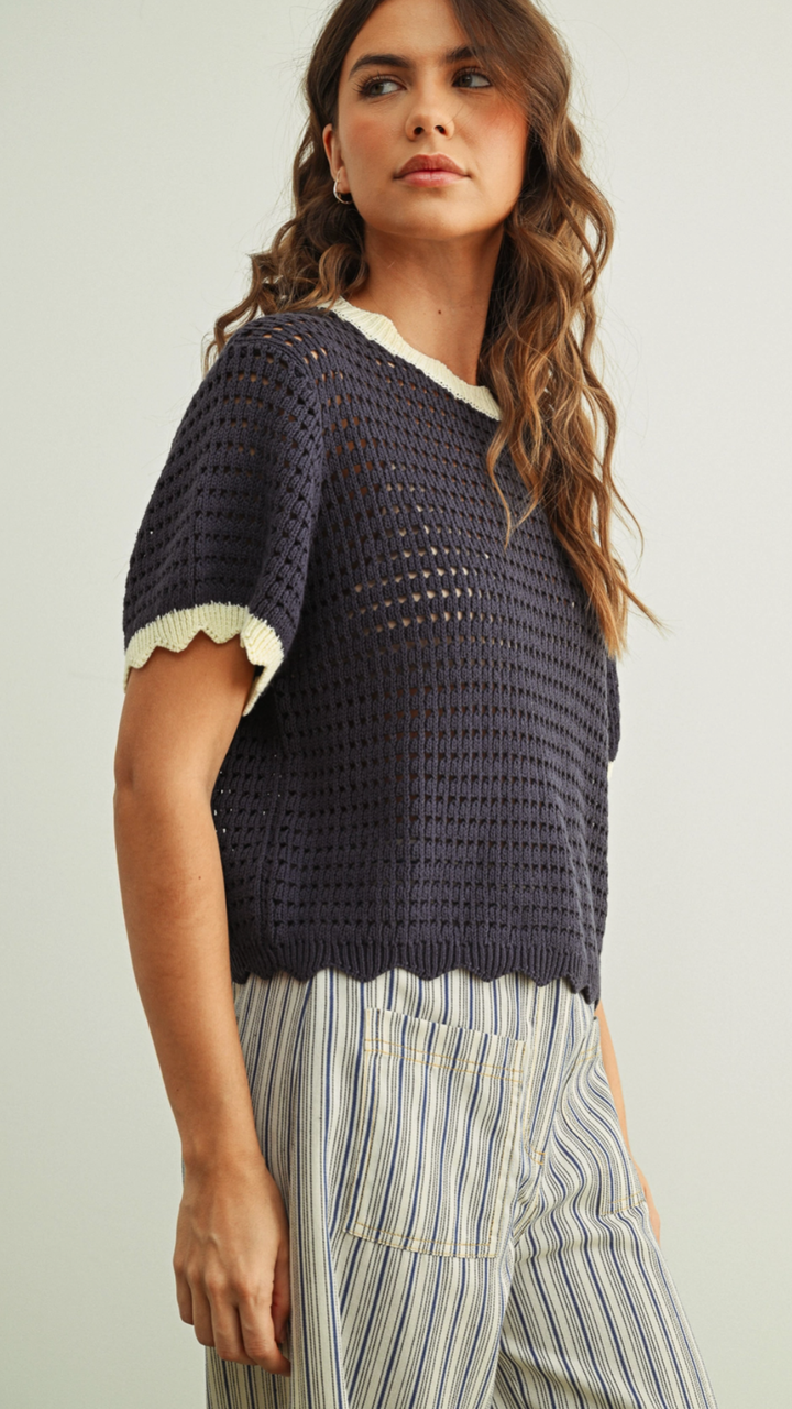 Navy And Cream Scalloped Detail Knitted Top