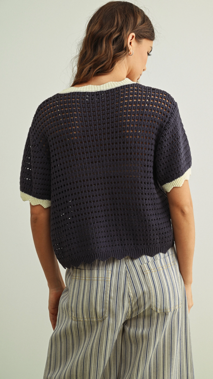 Navy And Cream Scalloped Detail Knitted Top
