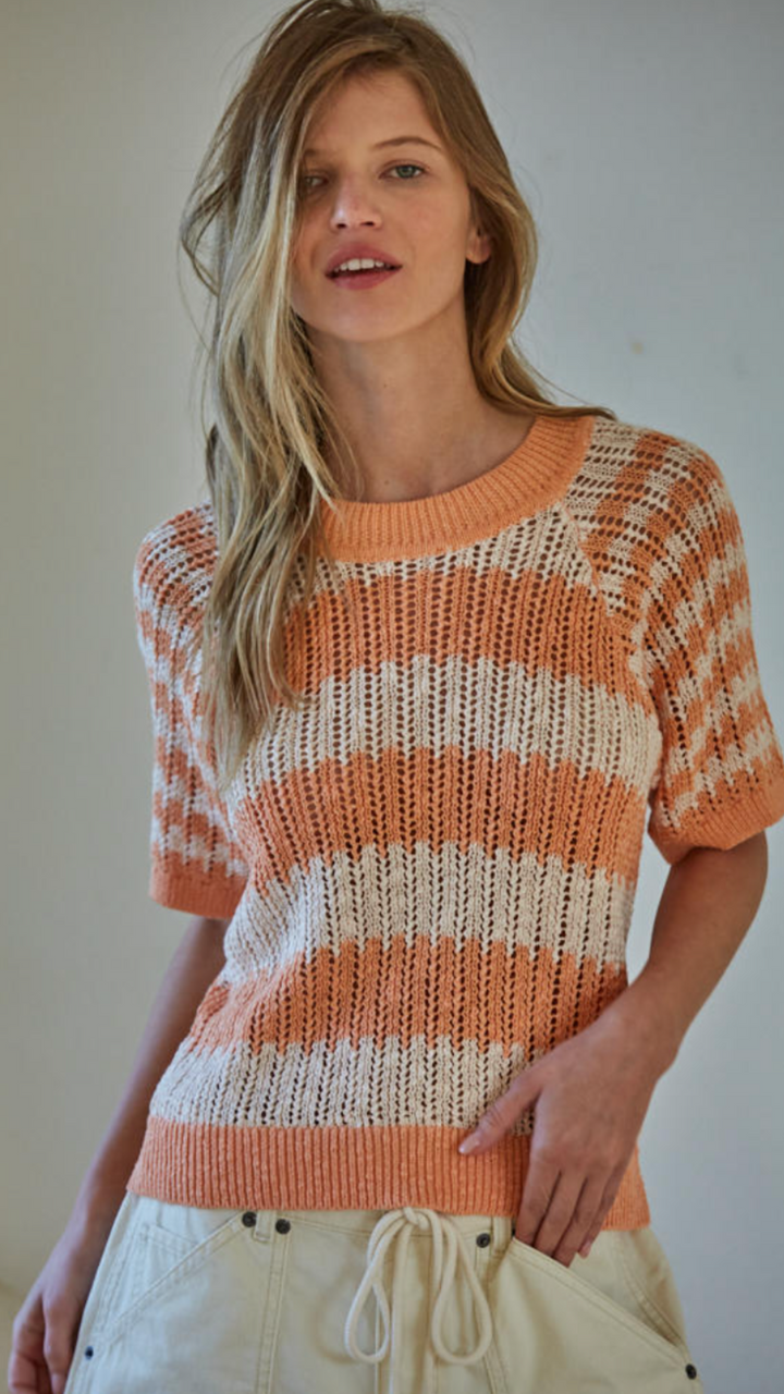 Short Sleeve Striped Knit Pullover Sweater