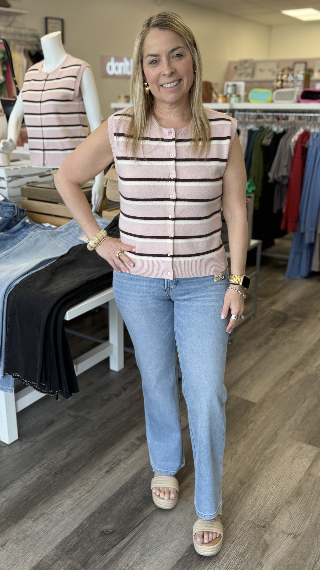Pink Brown Ivory Sleeveless Cardigan Top