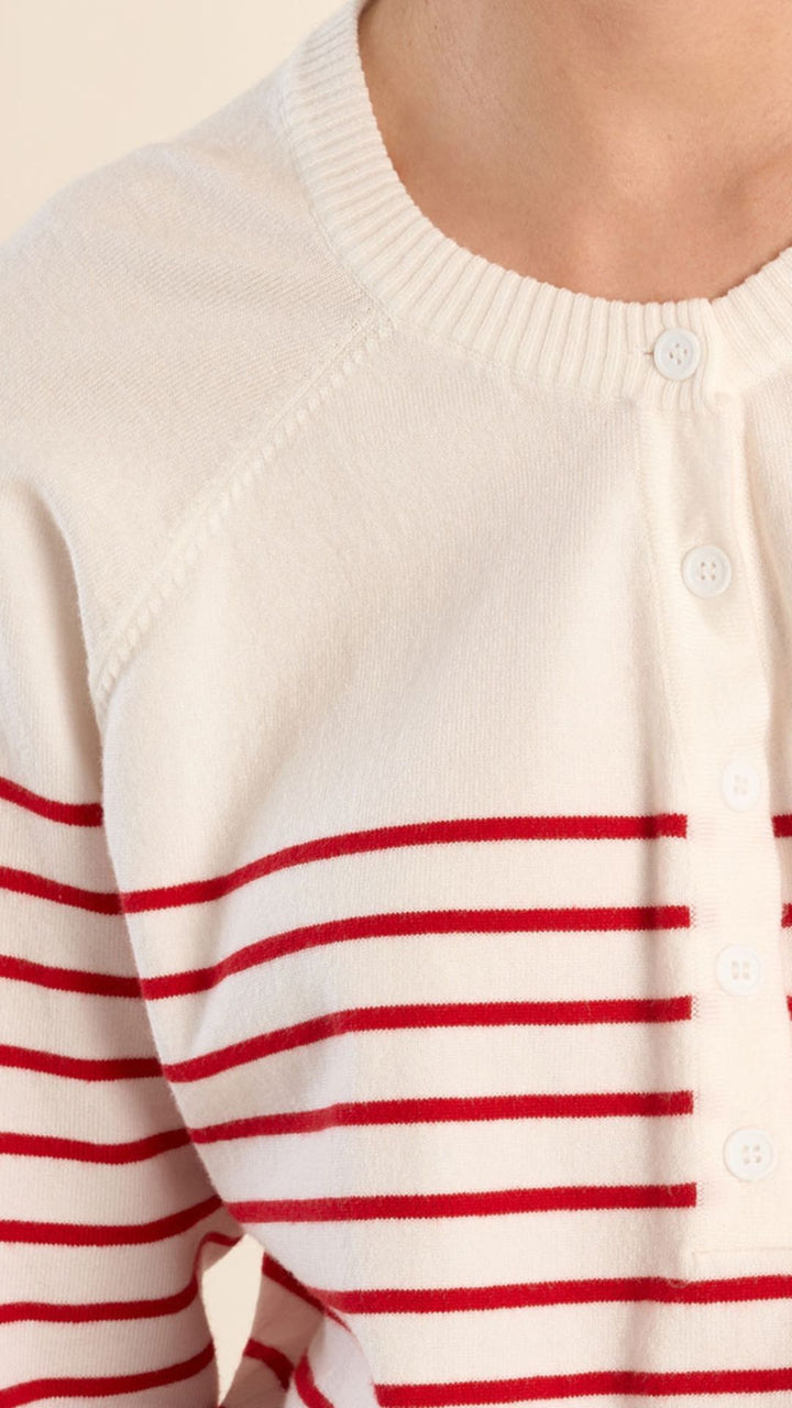 Red And White Henley Pullover Sweater