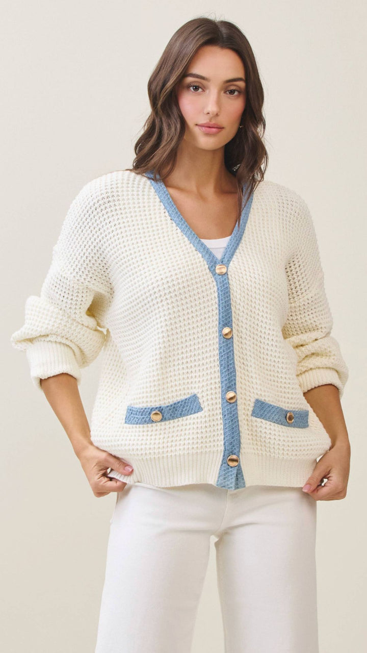 Cream And Denim Contrast Cardigan