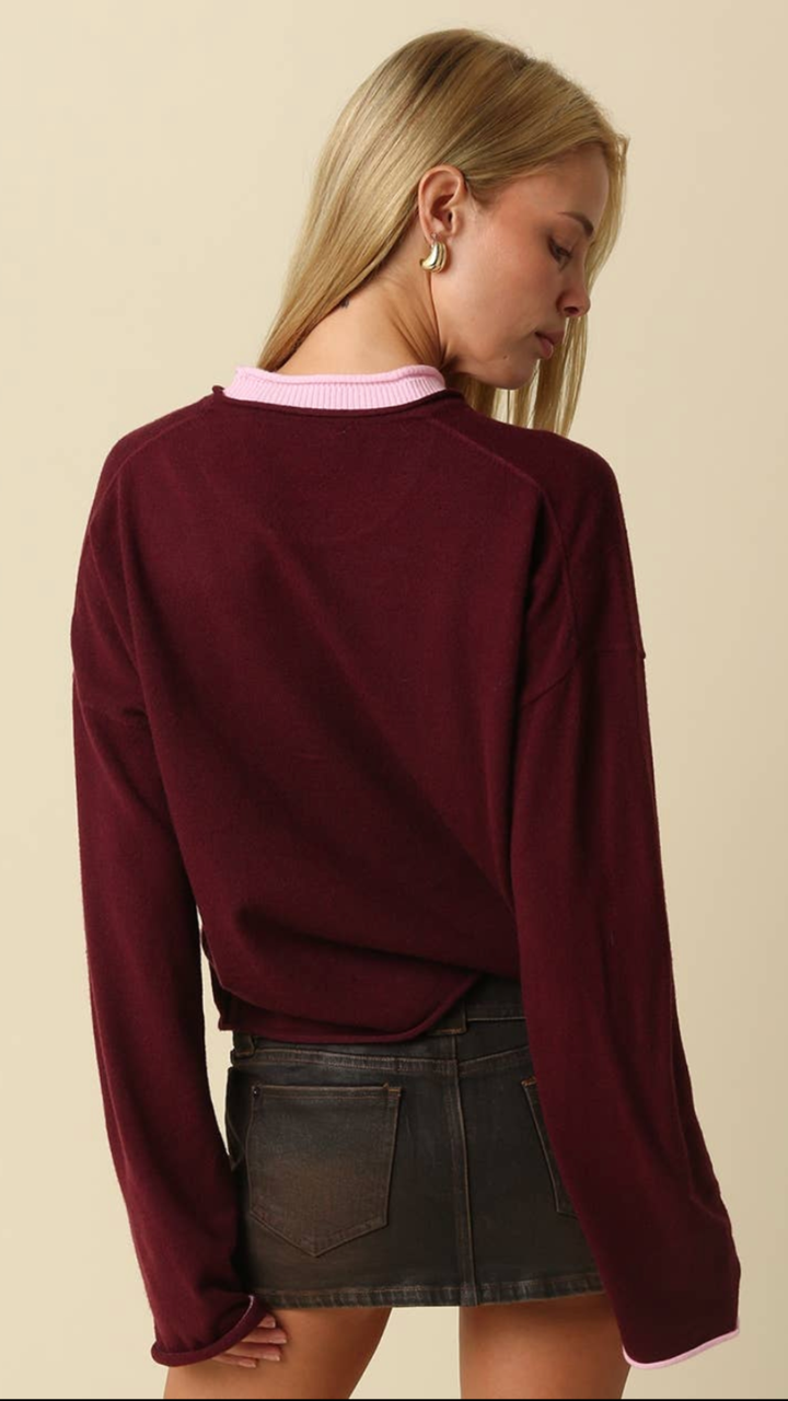 Wine And Pink Contrast Trim Knit Sweater