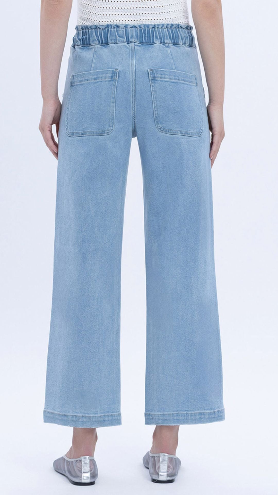 High Rise Light Wash Elastic Waistband Slim Wide Leg Jeans