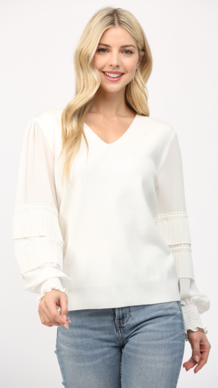 Chiffon Sleeves V Neck Sweater Top