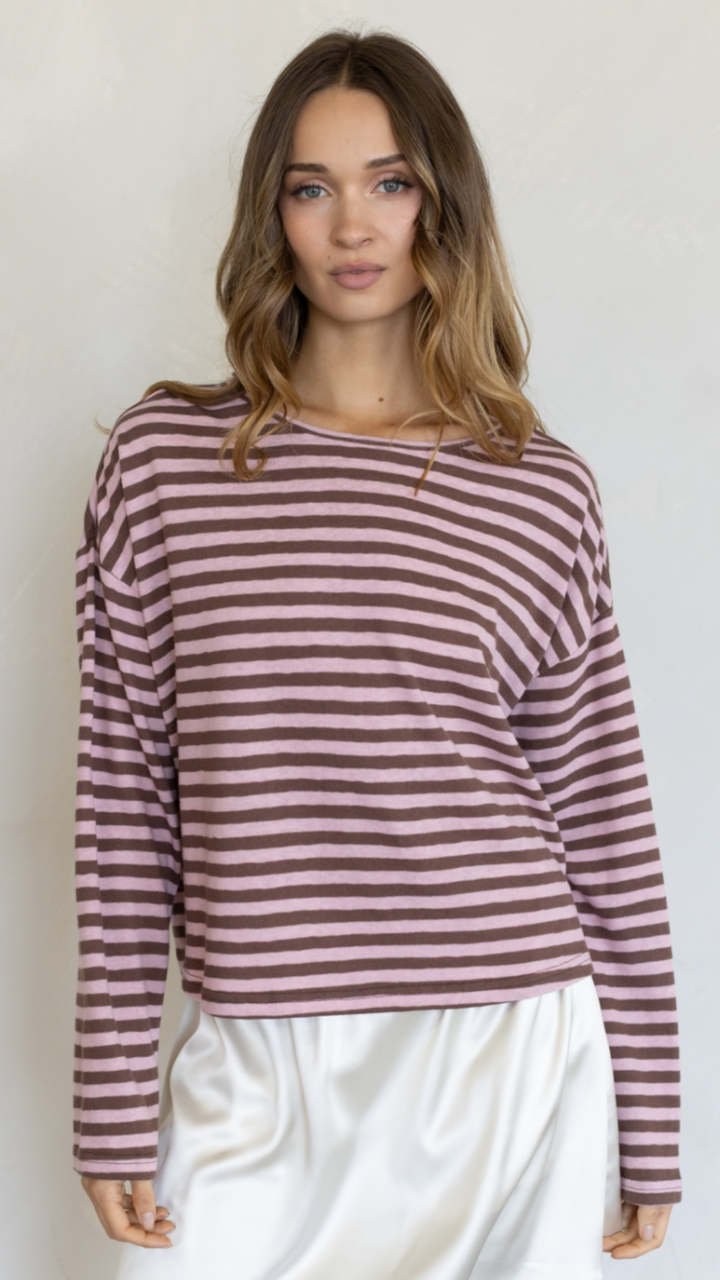 Pink And Brown Stripe Boat Neck Long Sleeve Top