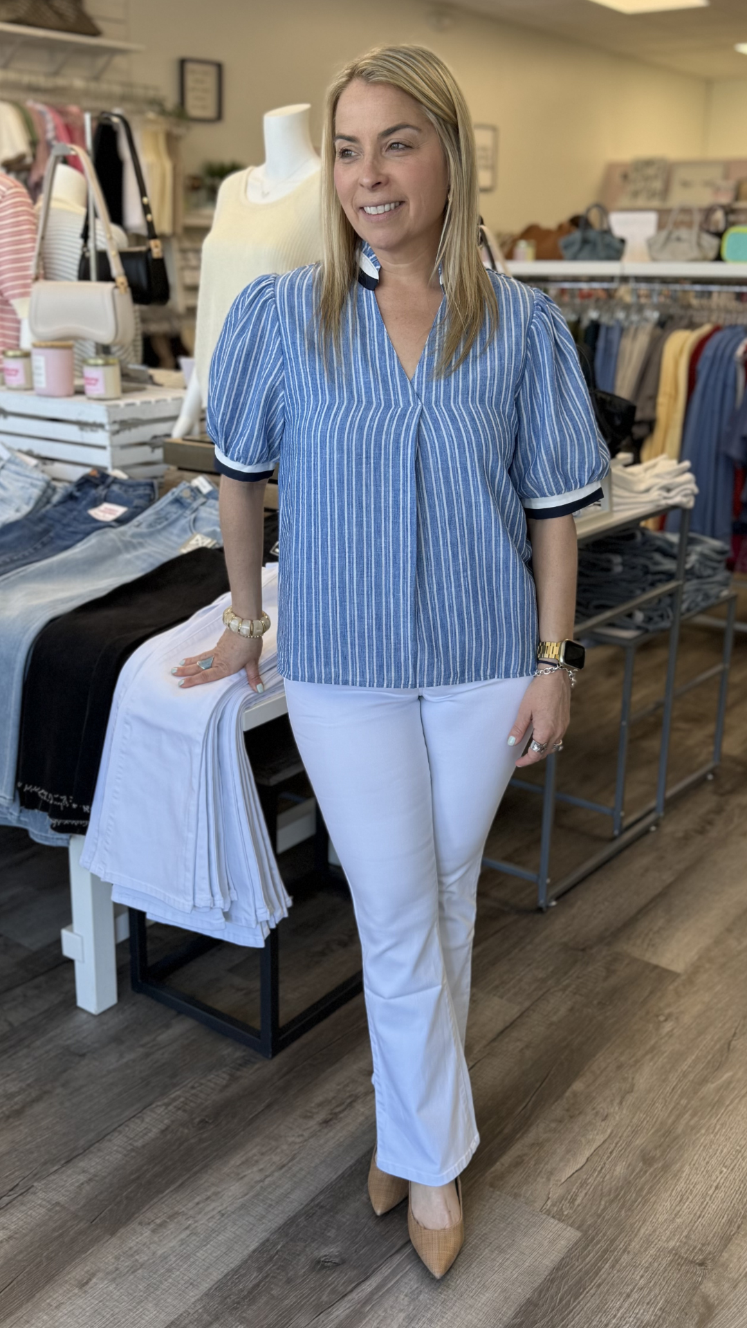 Short Sleeve Striped V Neck Top