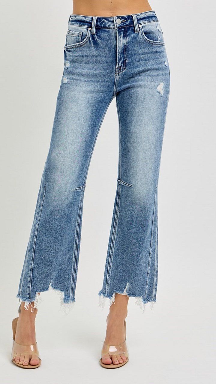High Rise Medium Wash Straight Distressed Hem Jeans