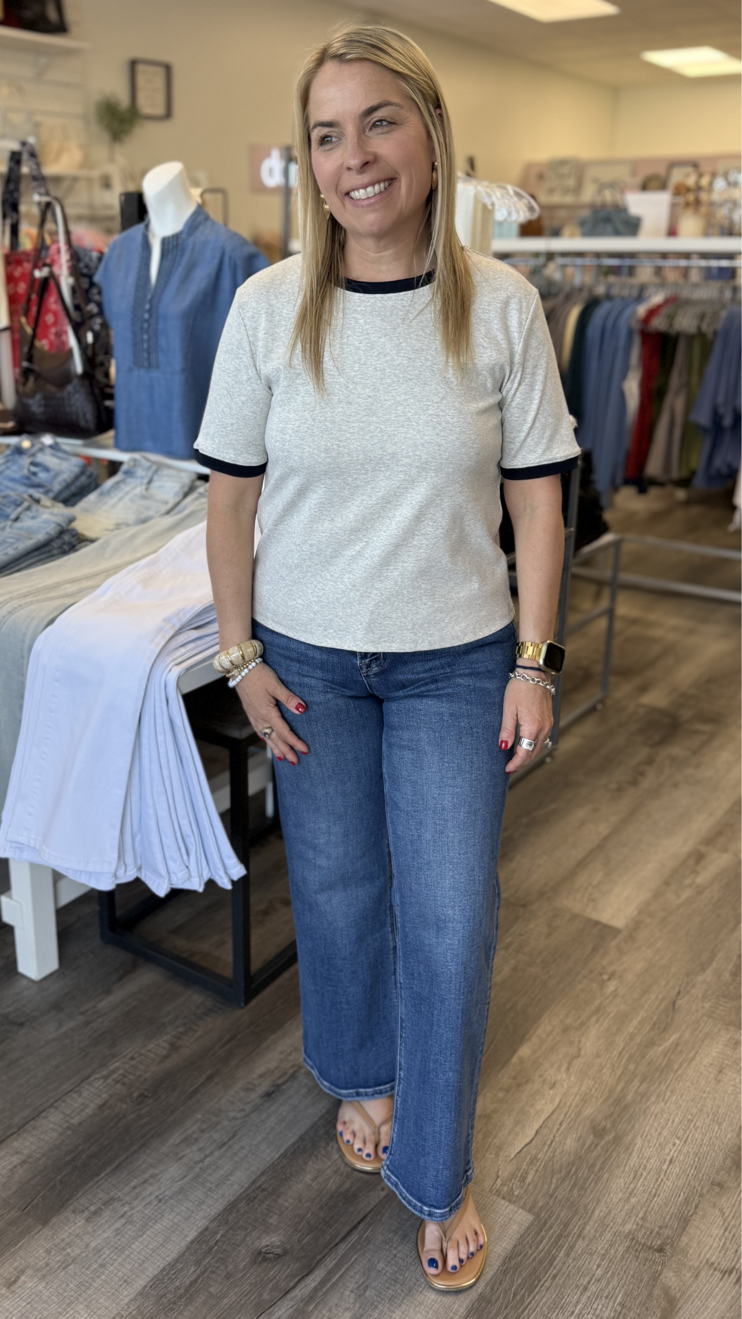 Heather Oat And Navy Trim Ringer Tee