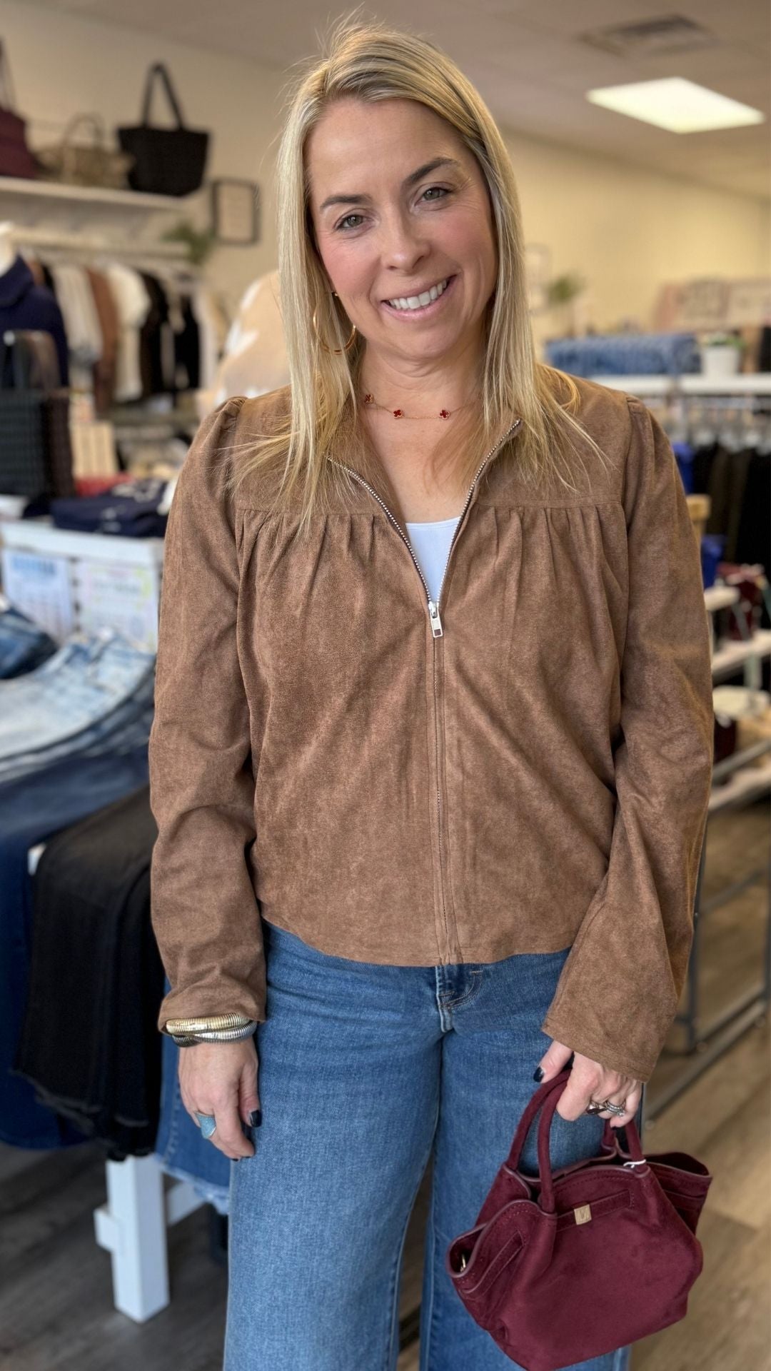 Mocha Shirred Vegan Suede Zip Up Jacket