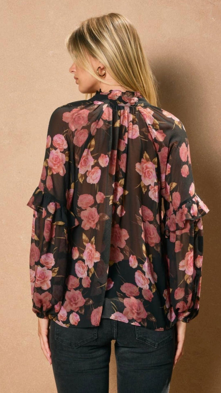 Rose Pleated Sheer Ruffled Blouse