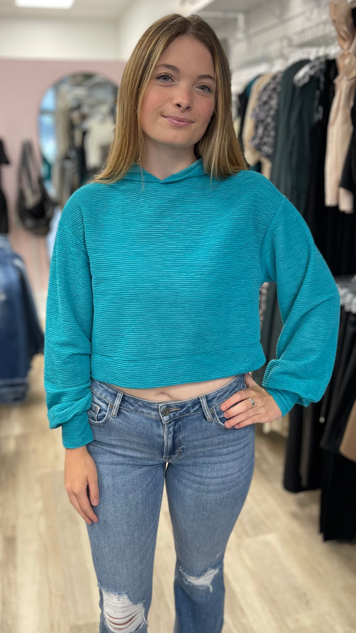 Teal Textured Cropped Hoodie