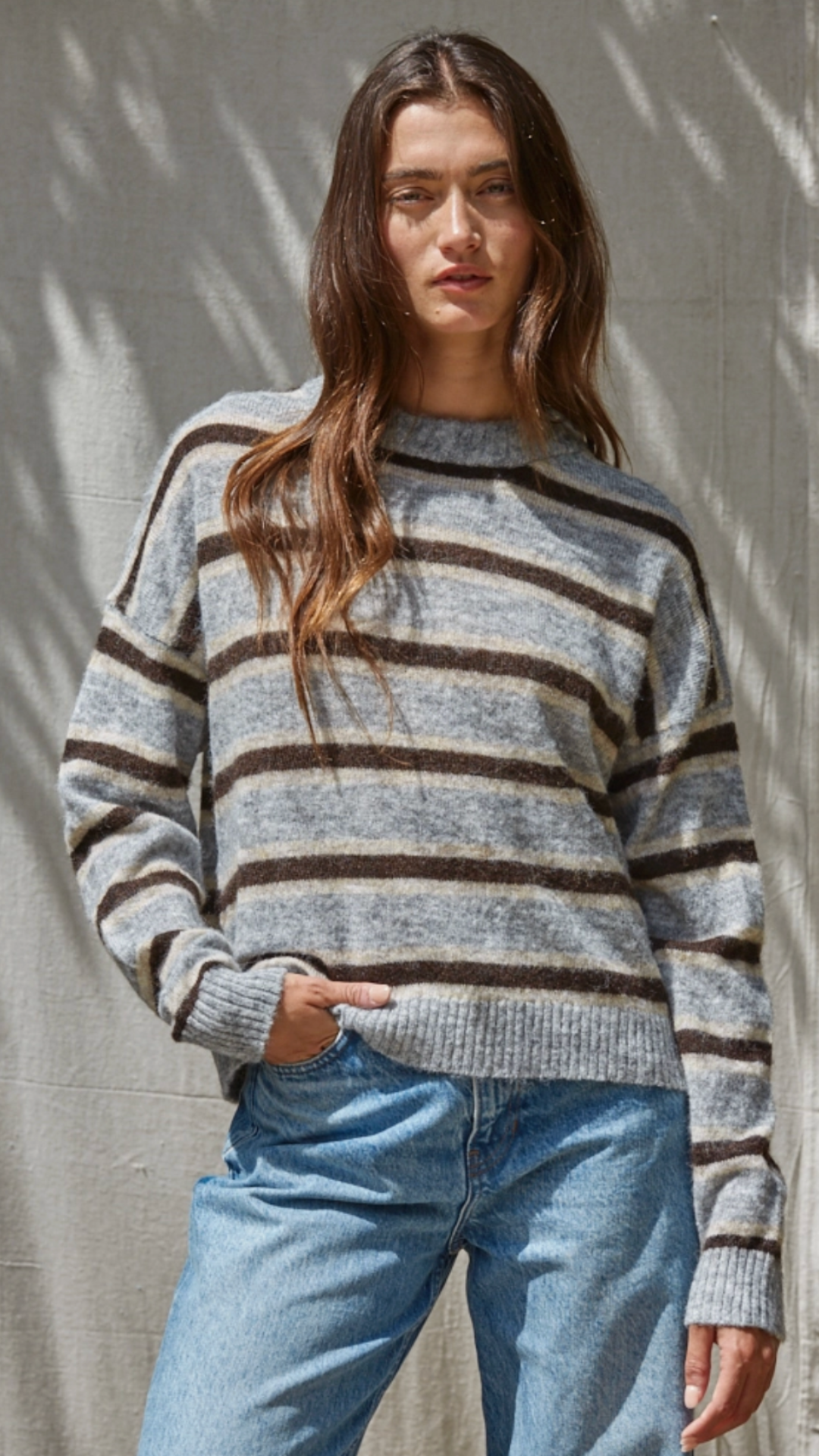 Heather Gray And Brown Stripe Sweater