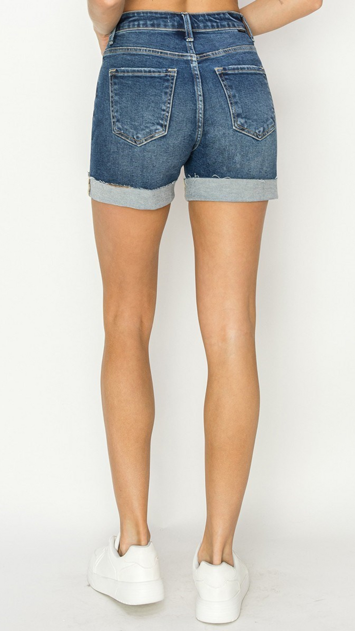 High Rise Dark Wash Cuffed Shorts