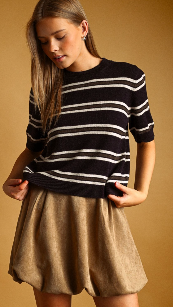 Navy Multi Stripe Short Sleeve Sweater