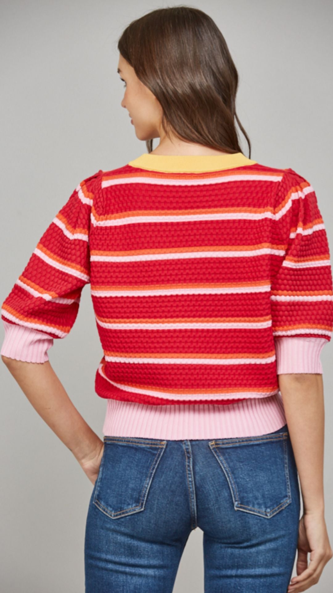 Textured Stripe Knit Crew Neck Short Sleeve Sweater