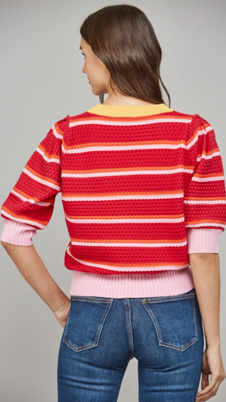 Textured Stripe Knit Crew Neck Short Sleeve Sweater