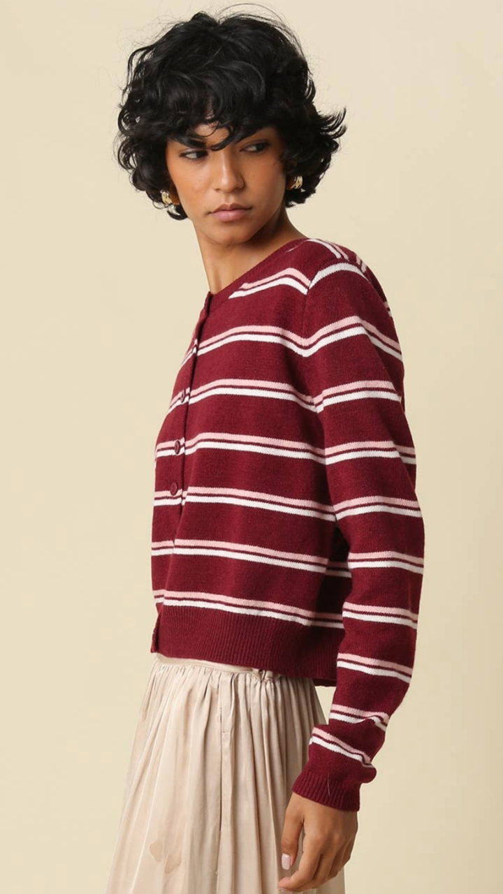 Burgundy Light Blue And Ivory Stripe Lightweight Cardigan