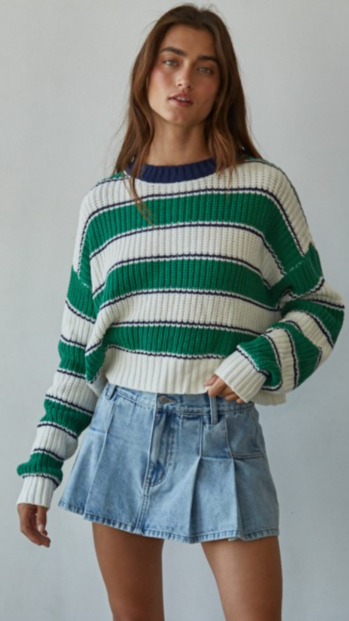 Green And Blue Striped Pullover Sweater