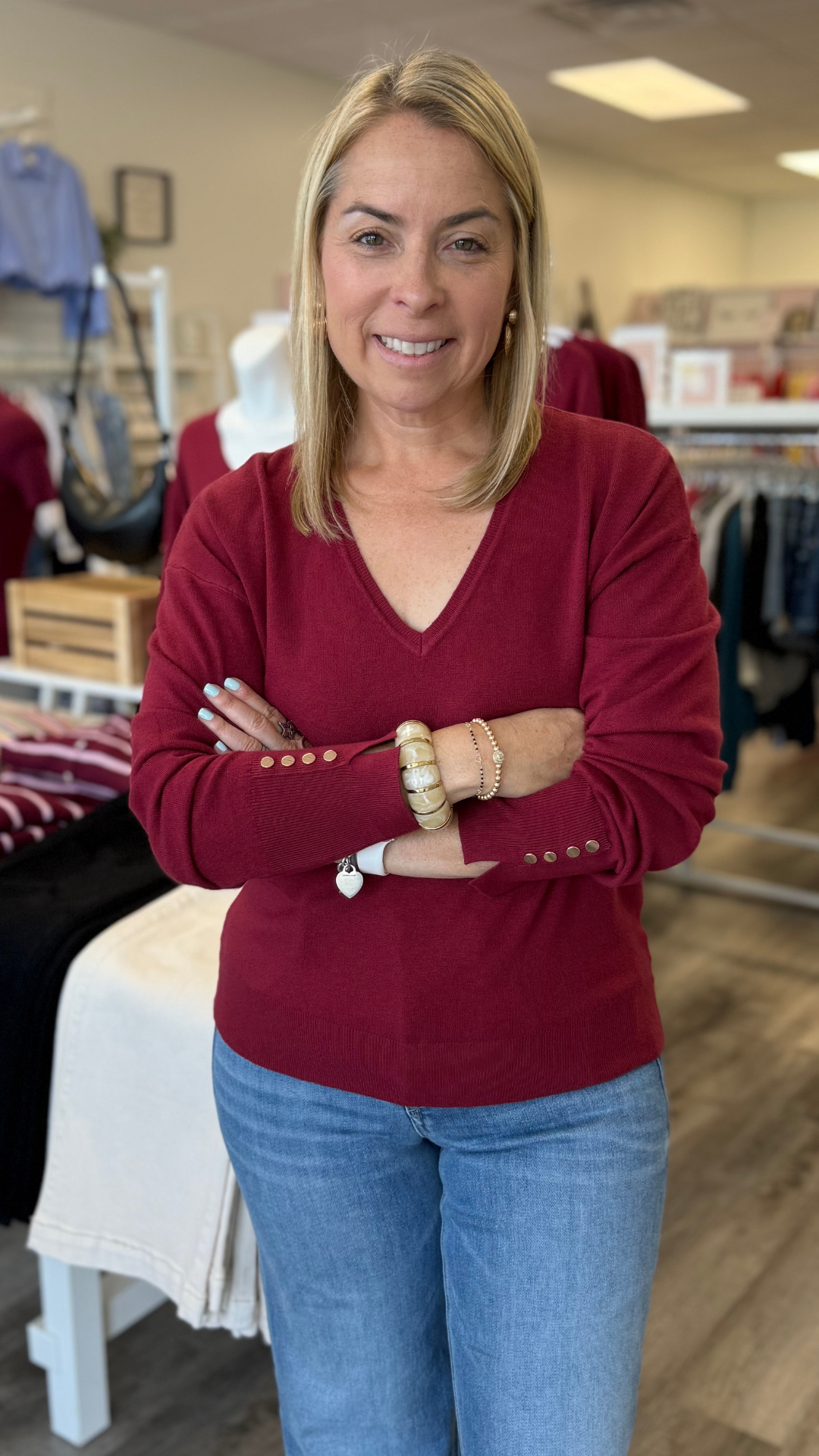 Burgundy V Neck Buttoned Sleeve Sweater