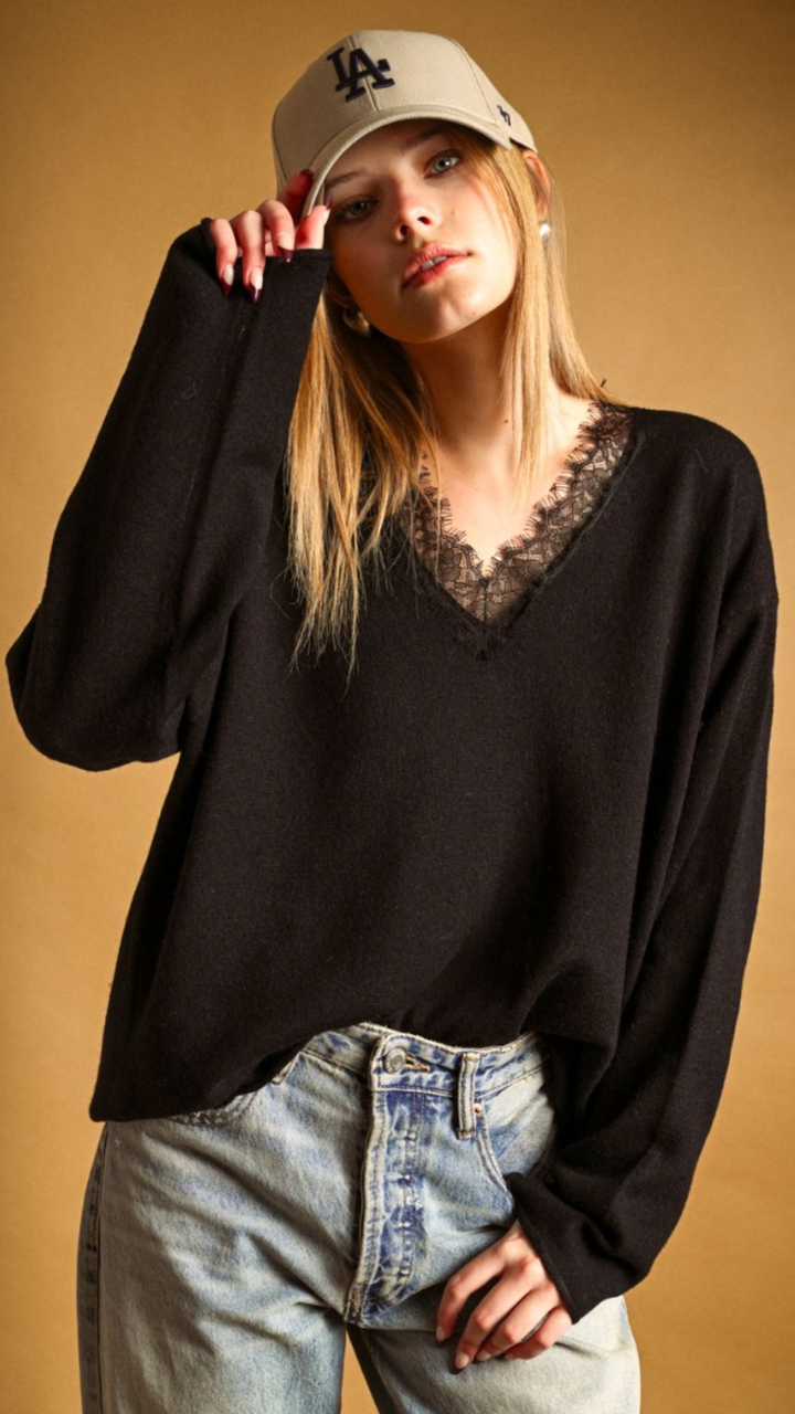 Black Long Sleeve Lace Contrasted Knit Top