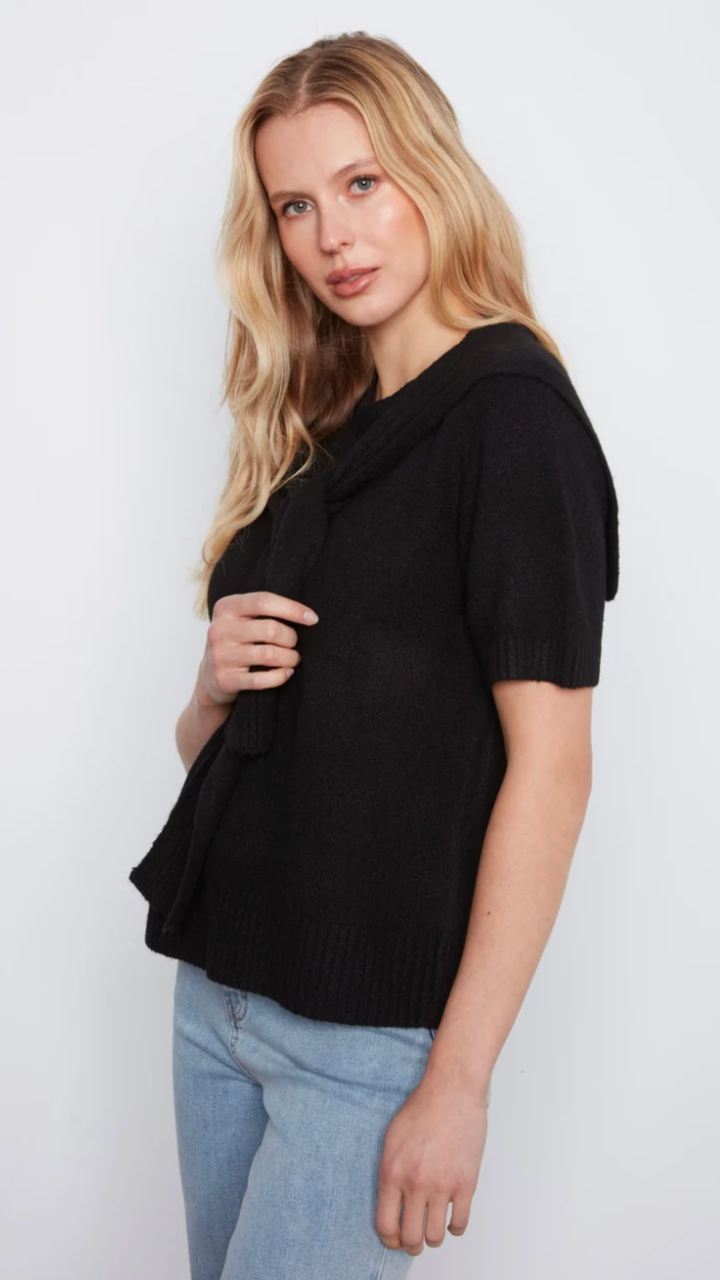 Black Short Sleeve Sweater With Faux Scarf Detail