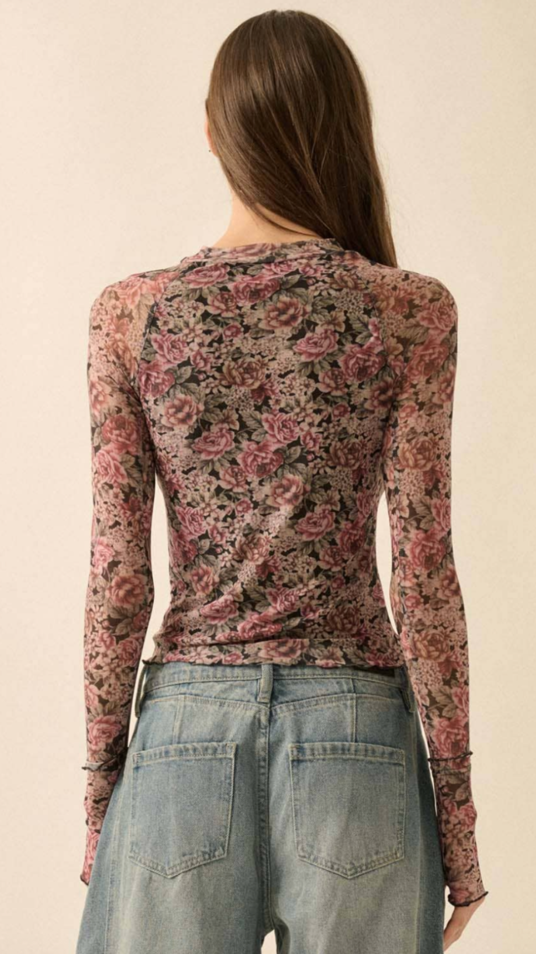 Black Floral Print Mesh Mock Neck Top