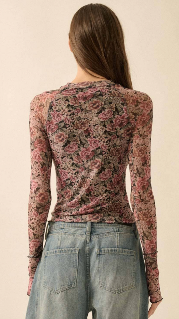 Black Floral Print Mesh Mock Neck Top