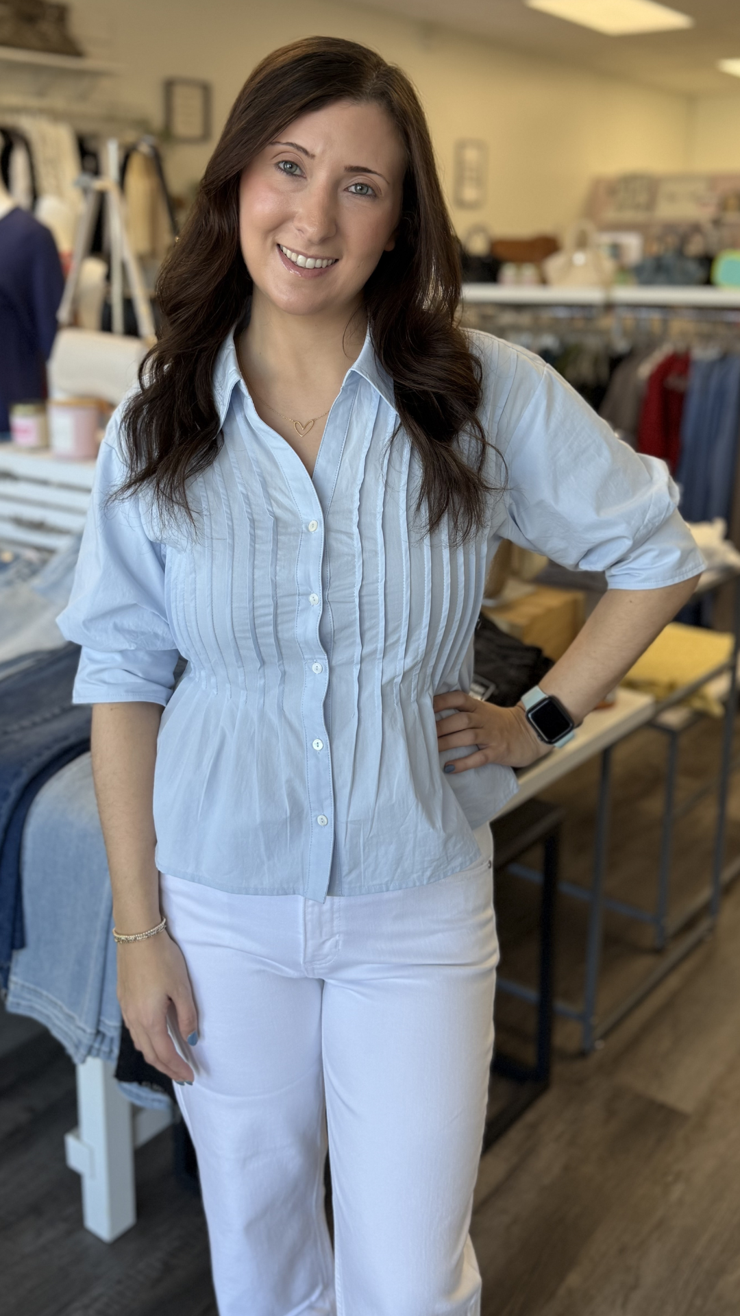 Sky Blue Short Sleeve Pintuck Top