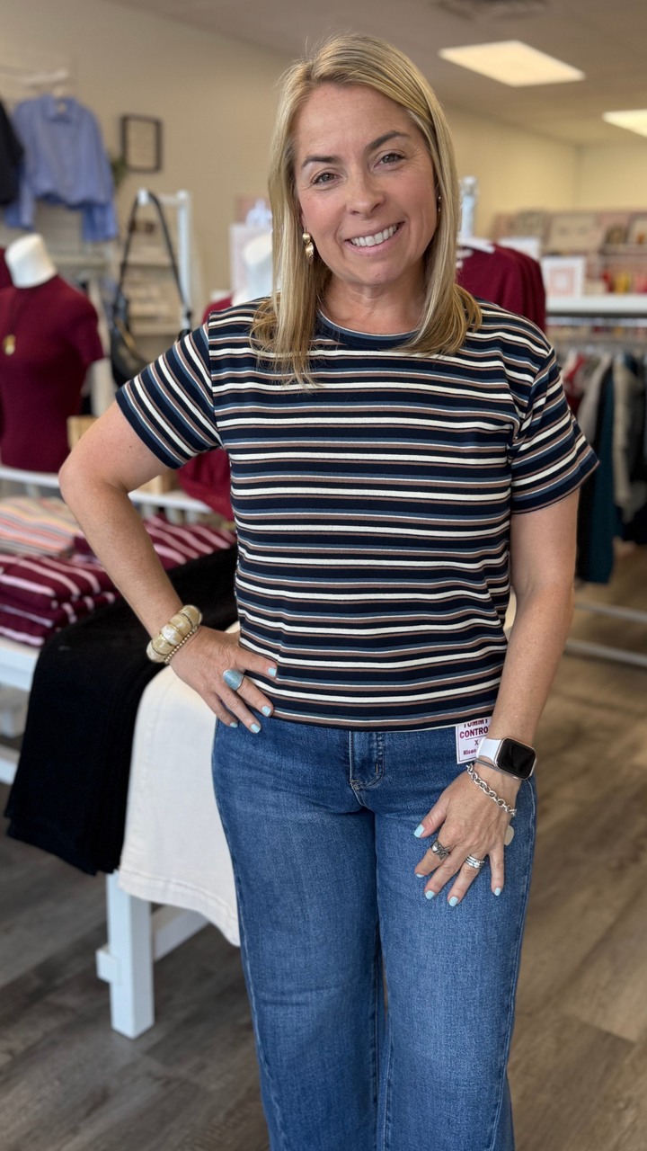 Navy Cream And Mocha Striped Tee