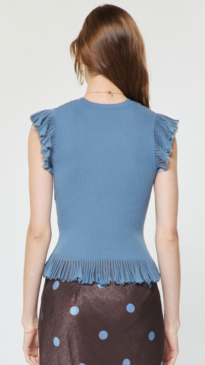 Dusty Blue Ruffle Sleeve Ribbed Tank