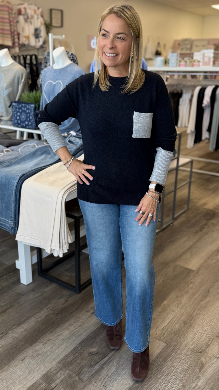 Navy Crew Neck Sweater With Grey Contrast Details