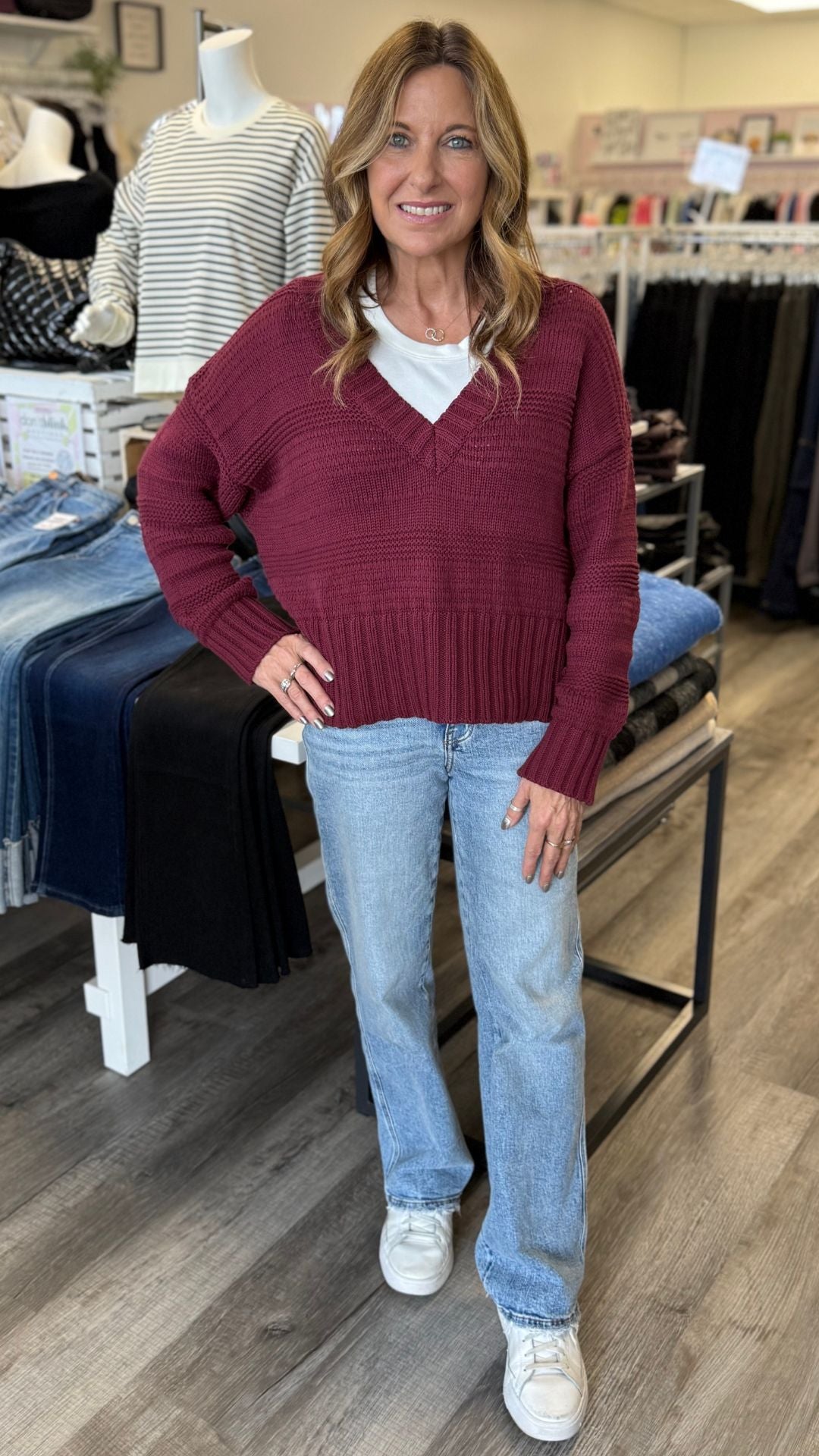 Burgundy Chunky V Neck Sweater