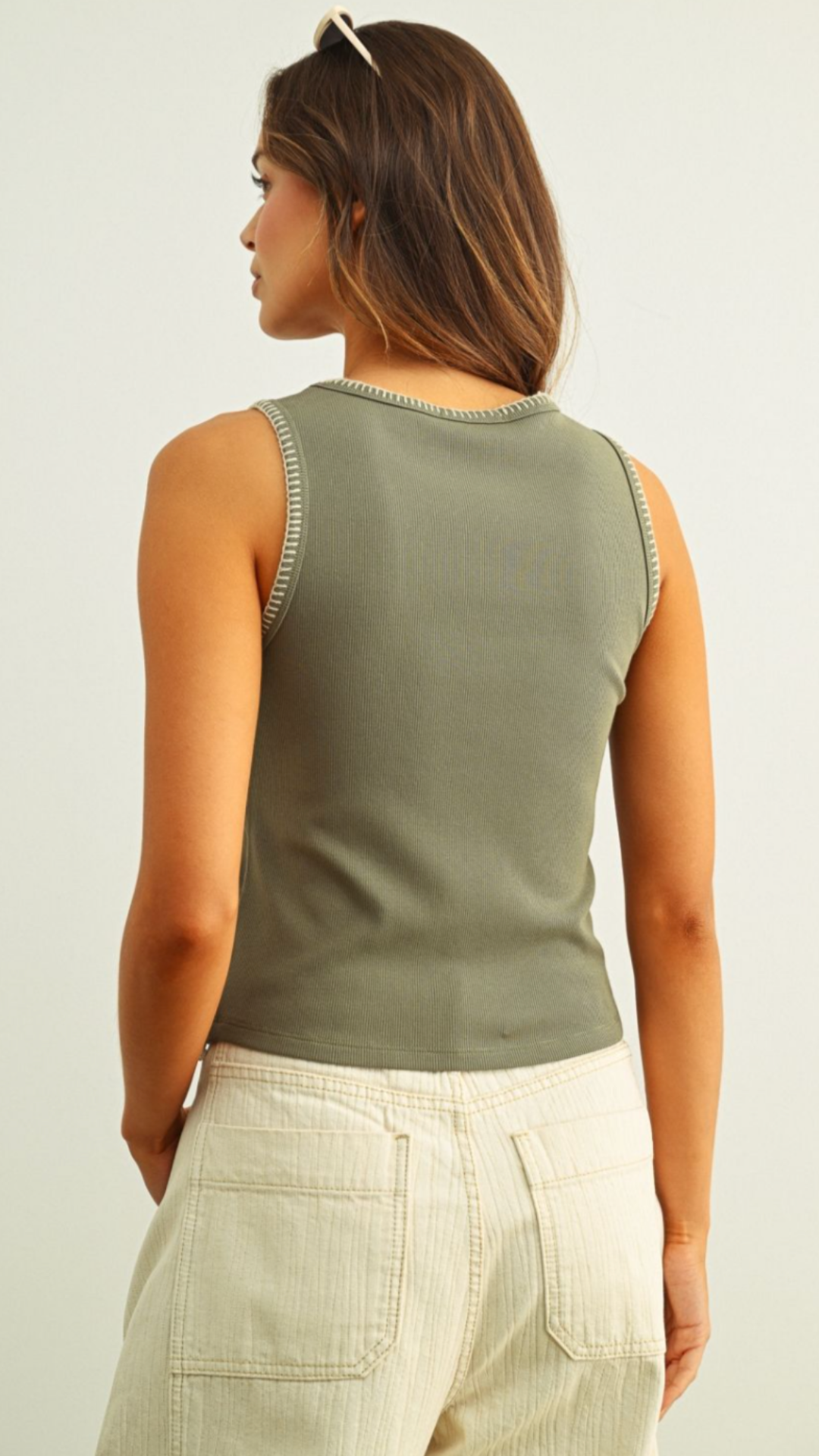 Olive Ribbed Knit Tank With Stitch Detail