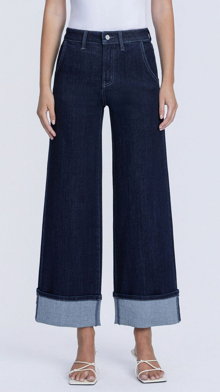 High Rise Super Dark Wash Cuffed Ankle Wide Leg Jeans