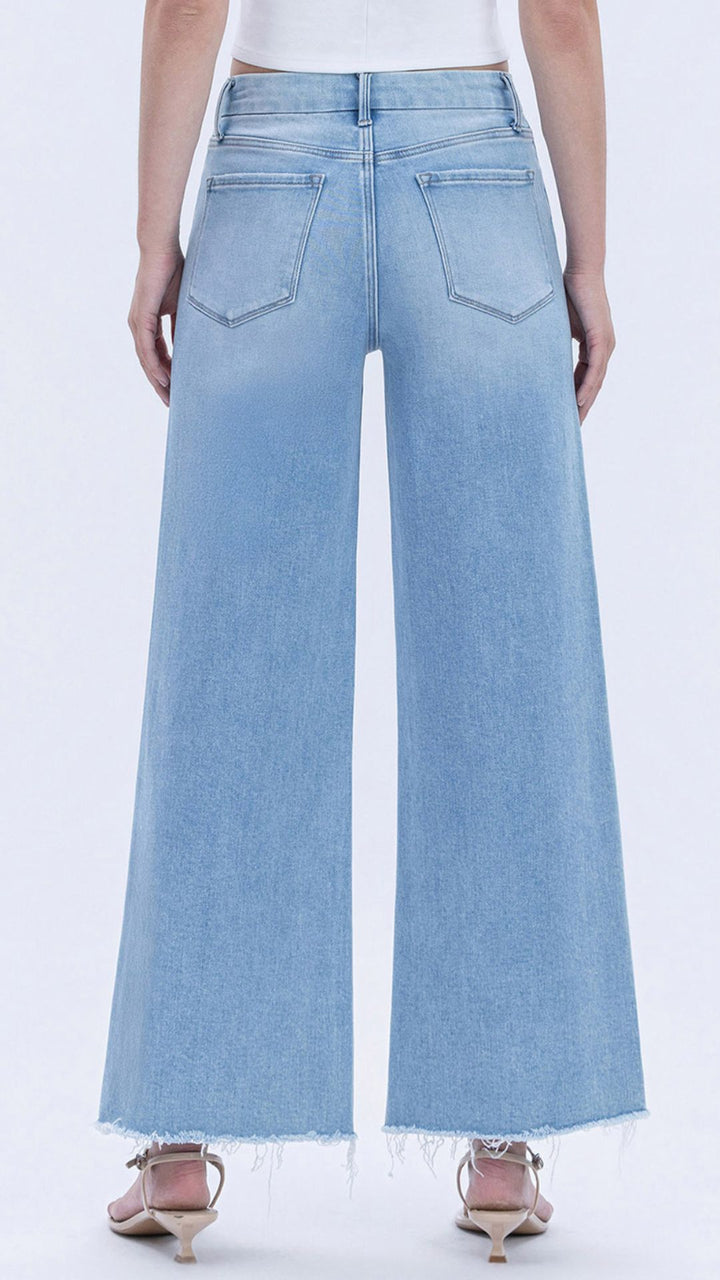High Rise Light Wash Seamless Waistband Raw Hem Wide Leg Jeans